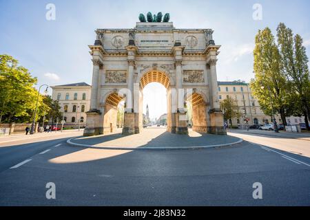 Backlight shot, Siegestor on Leopoldstrasse, neoclassical architecture, Bavaria, Munich Stock Photo