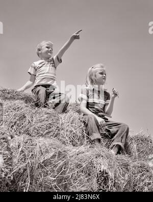 1950s BOY & GIRL SITTING ON TOP OF STACK OF FARM HAY BALES WEARING T-SHIRTS AND BLUE JEANS BOY POINTING TO SOMETHING IN DISTANCE - j6210 HAR001 HARS HAY TEAMWORK COTTON JOY LIFESTYLE SATISFACTION FEMALES BROTHERS RURAL HOME LIFE STRIPE COPY SPACE FRIENDSHIP FULL-LENGTH HALF-LENGTH PERSONS FARMING MALES DISTANCE STRIPES SIBLINGS DENIM SISTERS AGRICULTURE B&W SUCCESS HAPPINESS ADVENTURE DISCOVERY AND FARMERS FARMS LOW ANGLE RECREATION SIBLING CONCEPTUAL SOMETHING T-SHIRT T-SHIRTS BLUE JEANS GROWTH INFORMAL JUVENILES TEE SHIRT TOGETHERNESS TWILL BALES BLACK AND WHITE CASUAL CAUCASIAN ETHNICITY Stock Photo