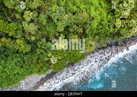 Luftaufnahme der Kueste entlang der Road to Hana, Vegetation mit Palmen und Wellen, Hana, Maui, Hawaii, USA Stock Photo