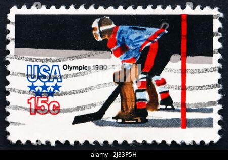 UNITED STATES OF AMERICA - CIRCA 1979: a stamp printed in the USA shows Ice Hockey, 13th Winter Olympic Games, Lake Placid, New York, circa 1979 Stock Photo