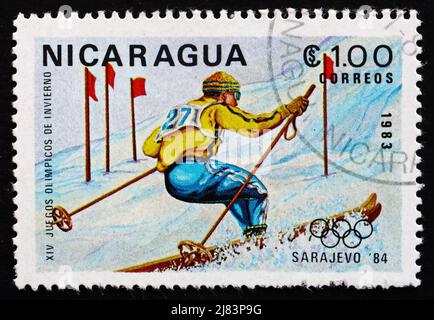 NICARAGUA - CIRCA 1983: a stamp printed in Nicaragua shows Skiing, Slalom, 14th Winter Olympic Games, Sarajevo, Yugoslavia, circa 1983 Stock Photo