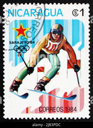 NICARAGUA - CIRCA 1983: a stamp printed in Nicaragua shows Slalom Skiing, 14th Winter Olympic Games, Sarajevo, Yugoslavia, circa 1983 Stock Photo