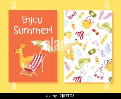 Vector set of bright summer cards. Posters with lemon, beachwear, sunglasess. Stock Vector