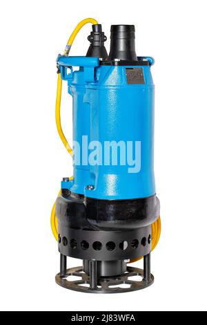 Powerful blue submersible pump for pumping wastewater with various fractions. The image is isolated on a white background. Stock Photo