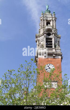 The Victorian clock tower above the Town Hall in the High Street, Colchester, Essex Stock Photo