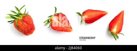 Ripe strawberries on white background, summer berry, top view Stock Photo