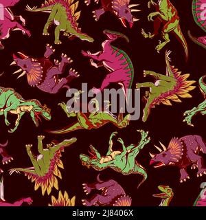 Dinosaur pattern on dark brown background in handrow style for print and design.Vector illustration. Stock Vector