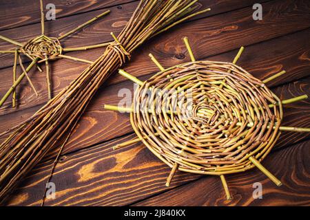 background Start of knitting basket with willow Stock Photo
