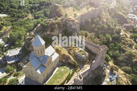 Church with fort wall aerial above top view in Tbilisi Georgia Stock Photo