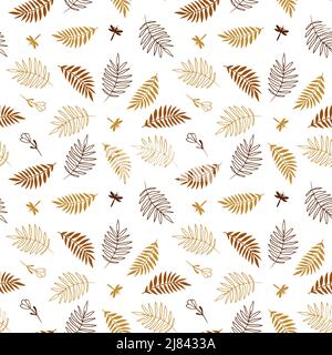 Boho seamless background with leaves and dragonfly. Vector pattern Stock Vector