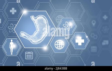Human internal organ Stomach emergency help and protection from  diseases. Blue template palette, copy space for text. Stock Photo