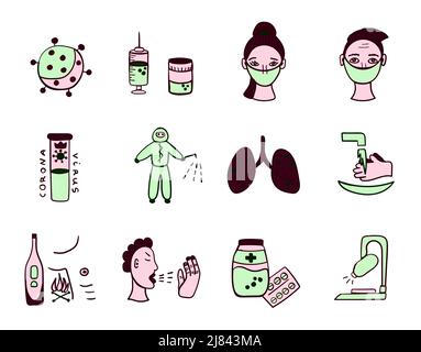 Covid-19, viruses, vector icons set in green/pink shades Stock Vector