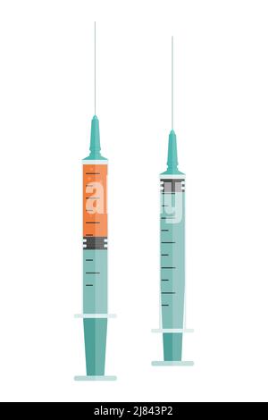 For vaccine, injection, medical use, Full and empty Syringe. Isolated vector illustration Stock Vector