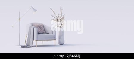 Creative interior design in white studio with modern armchair 3d render 3d illustration Stock Photo