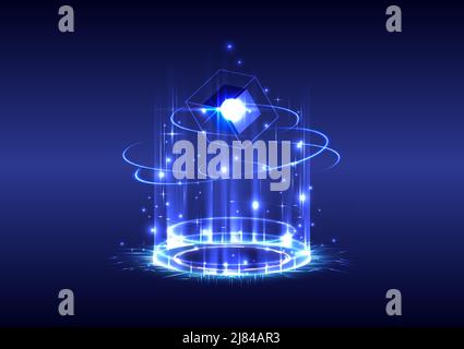 GUI and UI virtual reality. Portal and hologram science futuristic. Sci-fi digital hi-tech stage in glowing HUD projector. Magic gate in game fantasy. Stock Vector