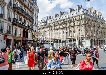 Paris France,Europe,French,Place du Havre,Black men women pedestrians,Hotel Londres & New York,Haussmann residential apartments flats buildings Stock Photo