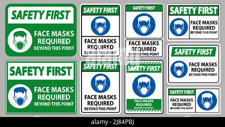 Safety First Face Masks Required Beyond This Point Sign Isolate On White Background Stock Vector