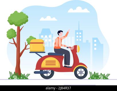 Food Delivery Service App on a Tracking Smartphone to Order Ready Meals and Delivered to Your Home by Scooter in Flat Cartoon Illustration Stock Vector