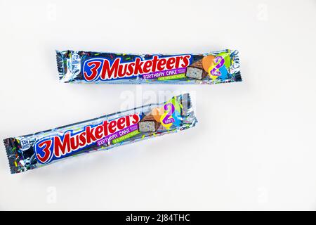 Top view of 3 Musketeers milk chocolate bar with nougat isolated on a white background. Stock Photo