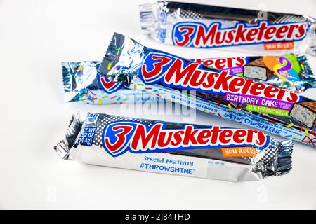 3 Musketeers milk chocolate bars with nougat isolated on a white background. Stock Photo