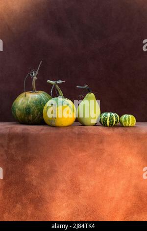 Still life with five different pumpkins on a brown background Stock Photo