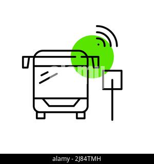Smart public transportation. Bus with wireless sensors on a bus stop. Pixel perfect, editable stroke line art icon Stock Vector