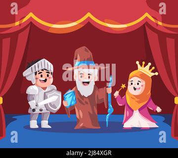 Kids perform theatre drama on stage with red curtain play role as knight warrior wizard and queen Stock Vector