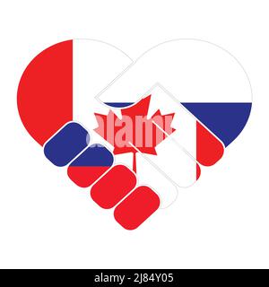 Handshake symbol in the colors of the national flags of Canada and Russia, forming a heart. Stock Vector