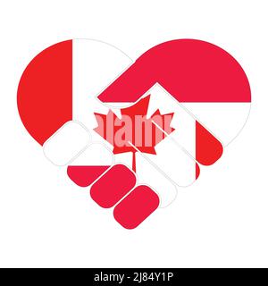 Handshake symbol in the colors of the national flags of Canada and Austria, forming a heart. Stock Vector