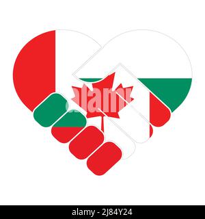 Handshake symbol in the colors of the national flags of Canada and Bulgaria, forming a heart. Stock Vector