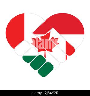 Handshake symbol in the colors of the national flags of Canada and Hungary, forming a heart. Stock Vector