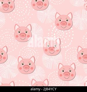 Vector flat animals colorful illustration for kids. Seamless pattern with cute pig face on color background. Adorable cartoon character. Design for Stock Vector