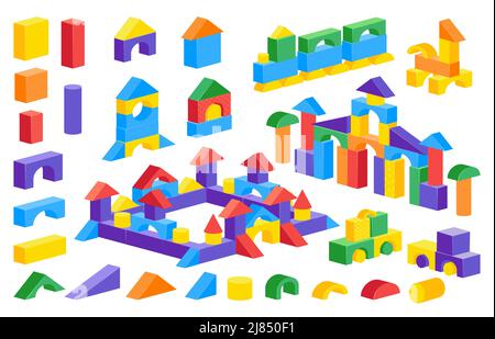 Cartoon block castle. Colorful children constructor toy, plastic brick puzzle game, building car castle. Vector cylinder cone cube parts isolated set Stock Vector