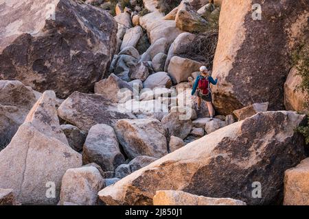 A woman scrambing over the boulders in Rattlesnake Canyon in Joshua Tree National Park. Stock Photo