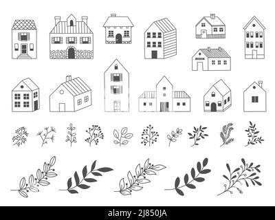 Doodle garden house. Hand drawn rural wooden building with floristic decorative elements, flowers leaves grass. Vector country cabin isolated set Stock Vector