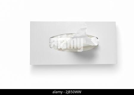 Top view of disposable antibacterial wet wipes in a cardboard box on a white background. Stock Photo
