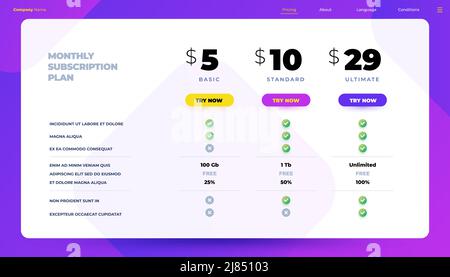 Monthly subscription. Price table and product feature comparison infographic template, pricing table infographic. Vector design template Stock Vector