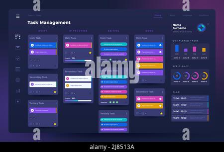 Planner app UI. Task manager and project organizer with dashboard and infographic elements. Vector dark web application interface design Stock Vector