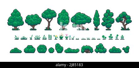 Pixel forest set. Retro 8 bit video game UI elements, trees bushes and grass sprite asset, background landscape objects. Vector isolated collection Stock Vector