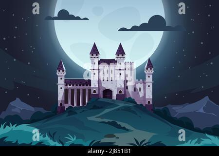 Evening cartoon castle. Medieval fairytale fortress at night, magic landscape with royal palace. Vector kingdom capital scene Stock Vector