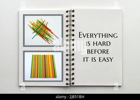 Everything is hard before it's easy. Motivational and inspirational quote. Stock Photo