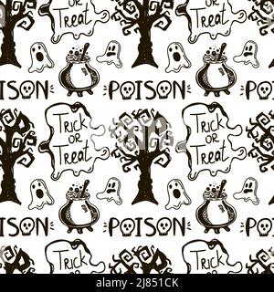 A seamless pattern with Halloween elements drawn in a doodle style. Gloomy tree, ghosts, inscriptions, and a cauldron of potions. Monochrome Halloween Stock Vector