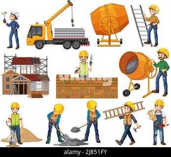 Set of construction site objects and workers illustration Stock Vector
