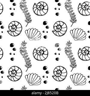Seamless pattern with sea elements, hand-drawn doodle in sketch style. Shells, sea and plants. Water bubbles. Suitable for textiles Stock Vector