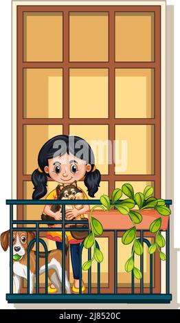 A girl with her dogs standing on the balcony illustration Stock Vector