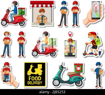 Sticker set of delivery objects and cartoon characters illustration Stock Vector