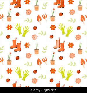 Seamless pattern of spring elements. Homework in the garden. Rubber boots, flowers, ladybugs and tools. Spring. Summer. Spring weather. Flat style vec Stock Vector