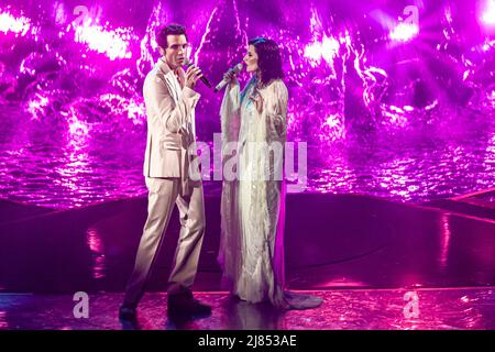 Mika, Laura Pausini performs during 2nd demi-final of Eurovision Song Contest. Turin (Italy) on may 12th, 2022. Photo by Marco Piovanotto/ABACAPRESS.COM Stock Photo
