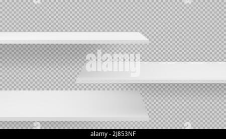 Long 3d empty white wooden or plastic shelves mockup on transparent background with shadows. Template of book and magazine store organization for merc Stock Vector