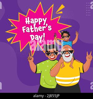 Happy Father's Day Concept With Two Generations Of Dad And Son Giving Peace Sign On Purple Background. Stock Vector